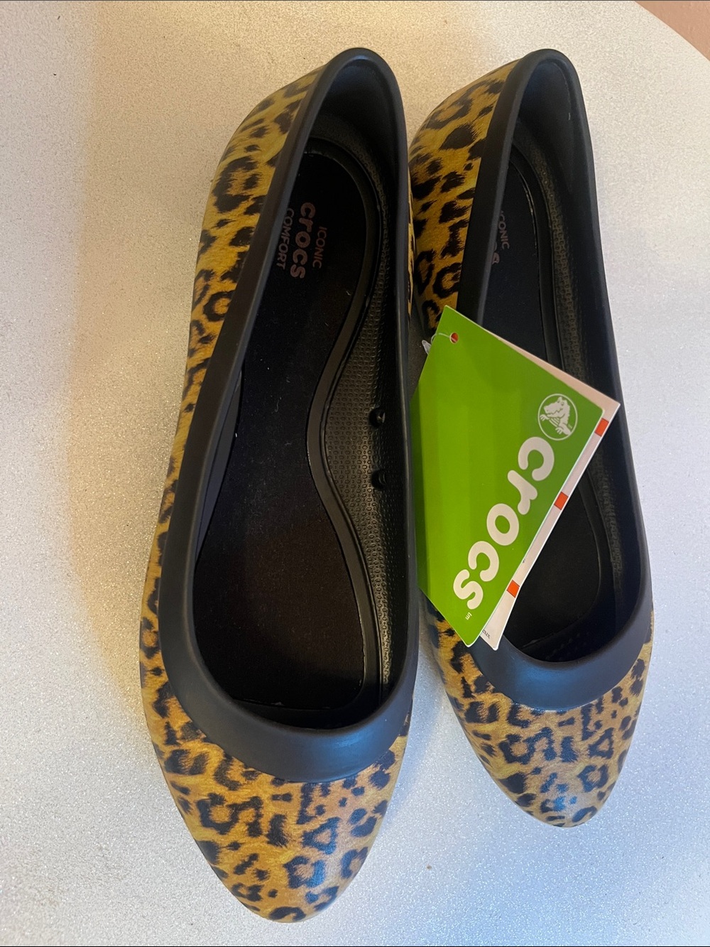 CROCS Lina Leopard Print Ballet Flats with Black Trim
